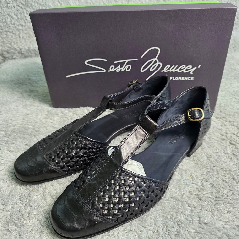 NEW Sesto Meucci‎ Women's Black Woven Italian Leather Mules Slides Sz 6M Vintage